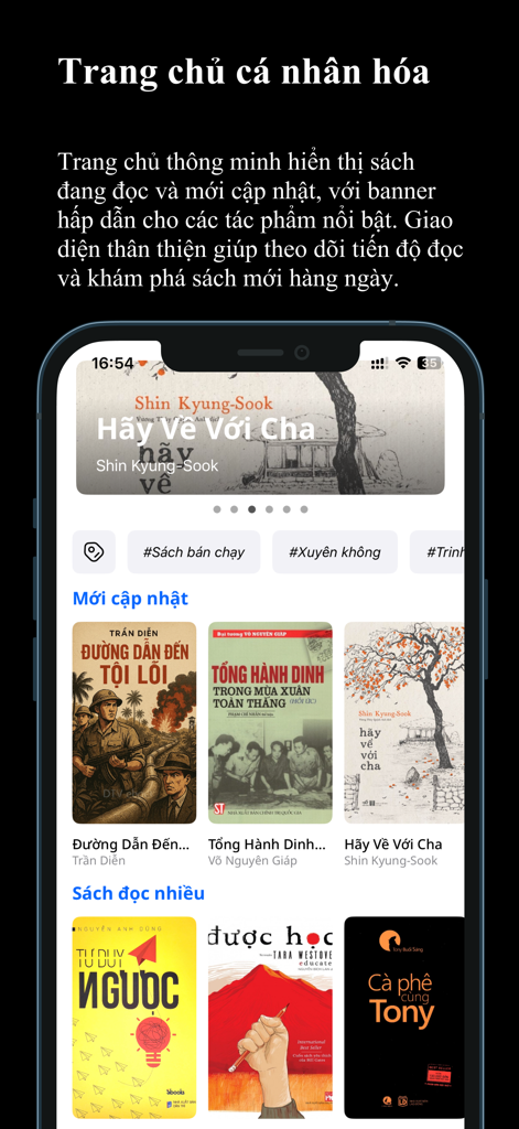 Interfaz de la página de inicio personalizada de la aplicación VnBuk Premium que muestra recomendaciones y categorías de libros electrónicos vietnamitas.