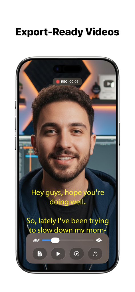 TeleFlow - A man using the TeleFlow teleprompter app to record a video with a yellow text script overlay on his iPhone