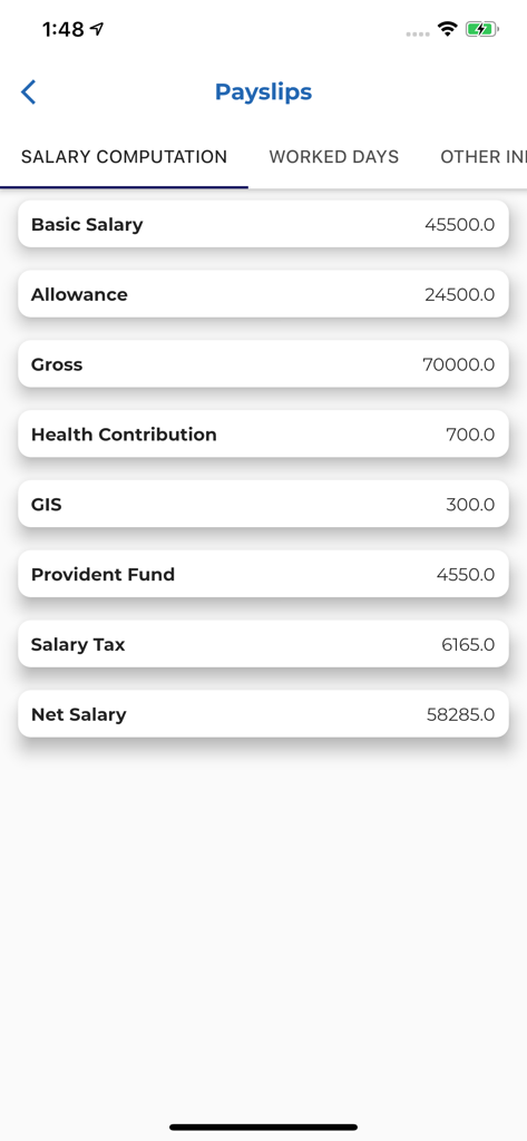 HRstation - HRstation app screen displaying detailed salary computation for a payslip.