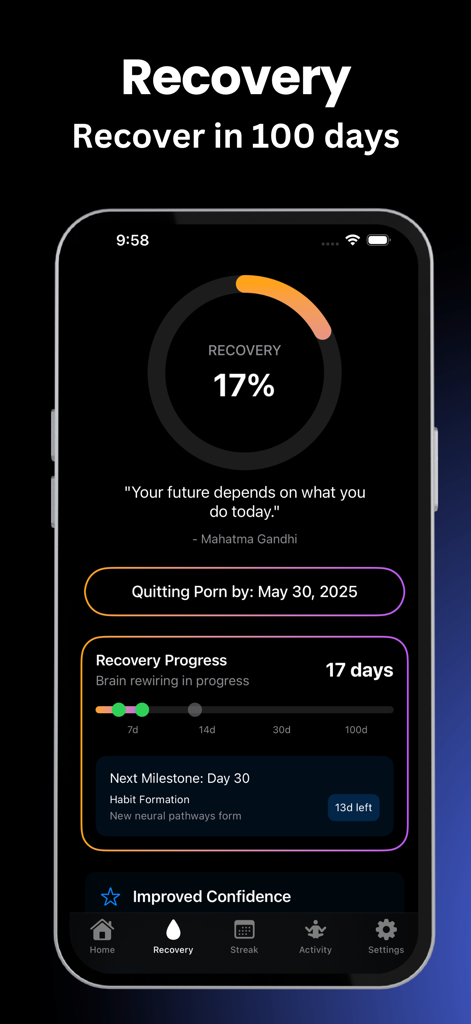QuitHub - Quit Porn Now - Panel de progreso de recuperación de la aplicación QuitHub que muestra un 17 por ciento con hitos para un desafío de 100 días.