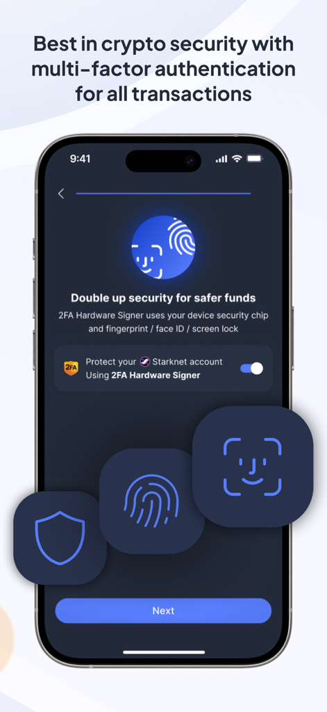Braavos app interface for multi-factor authentication and biometric security settings