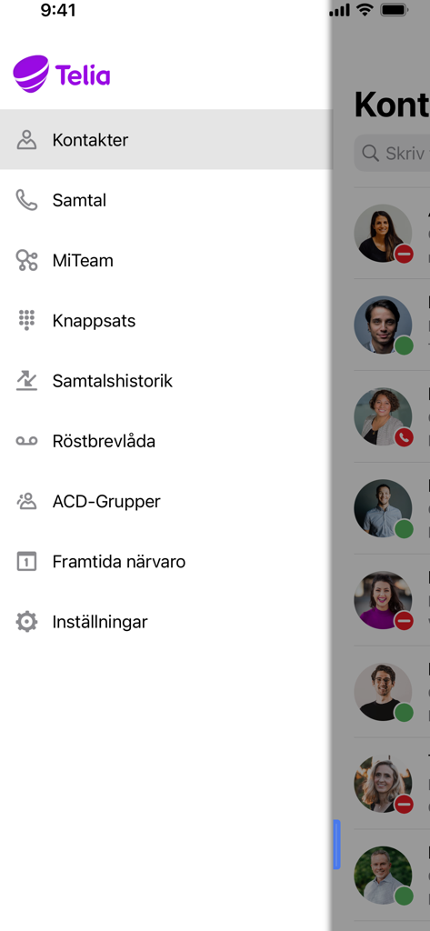 Telia Touchpoint Plus - Side menu of Telia Touchpoint Plus app featuring contacts, calls, and status indicators