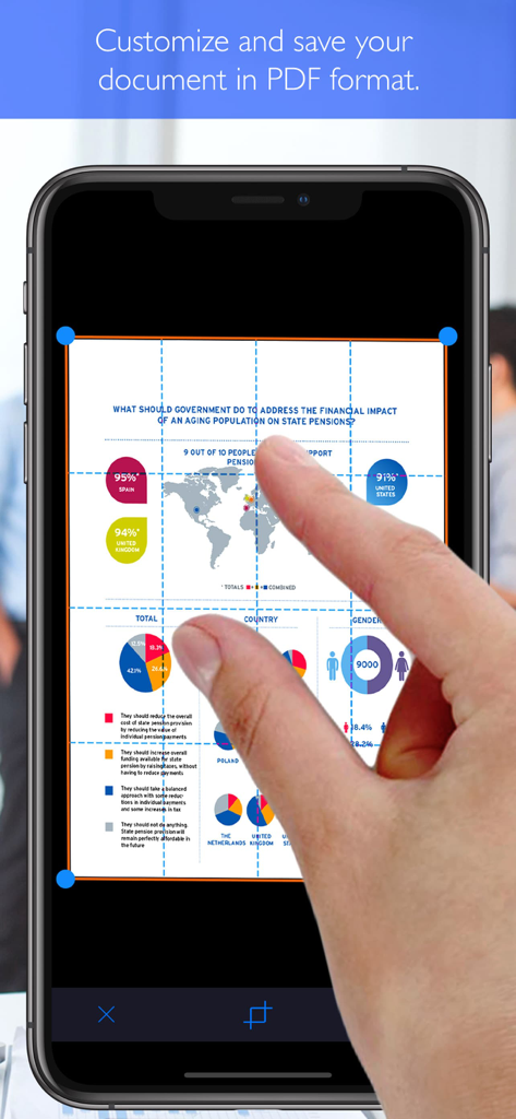 Scanner + pdf dосumеntѕ aрр - Smartphone screen showing a hand adjusting the crop corners of a scanned infographic document in a PDF scanner app.