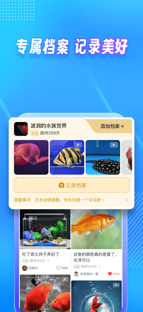 龙巅 - 为兴趣而生 - Mobile app interface for Long Dian showing a personal hobbyist archive for aquarium fish and a social community feed