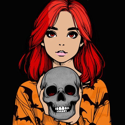 realistic girl holding a skull