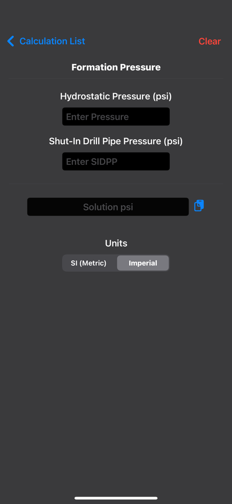 Petroleum Field Calculator - Formation pressure calculation screen for drilling engineers showing hydrostatic and shut-in pressure inputs.