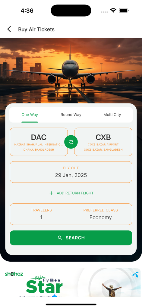 Shohoz app interface for booking air tickets in Bangladesh