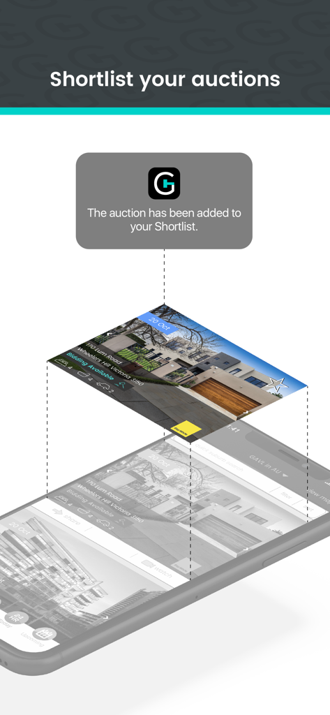 GAVL Live - Smartphone screen showing a property listing being added to a shortlist in the GAVL Live app