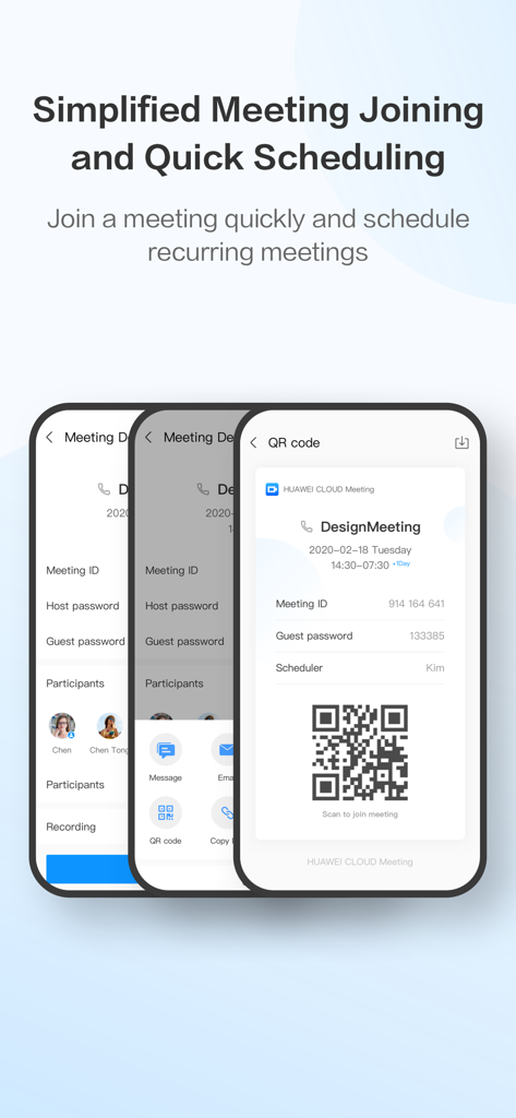 HUAWEI CLOUD Meeting - Huawei Cloud Meeting app showing meeting scheduling and QR code joining interface