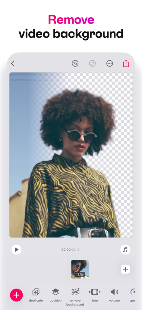 Bazaart app interface showing the AI video background removal tool with a woman portrait and a transparent background effect