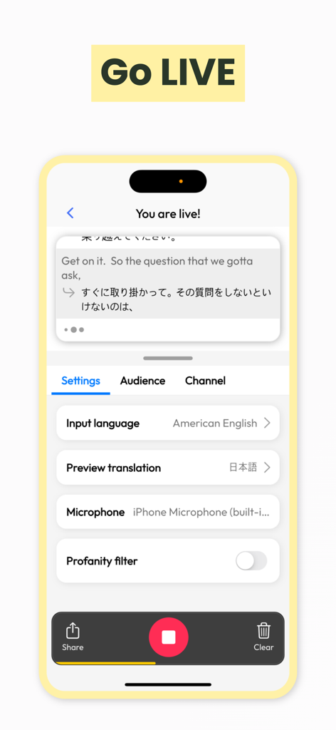 Live Voice Translator: Hope - Interface of the Live Voice Translator Hope app showing real-time English to Japanese translation settings and live speech transcription.