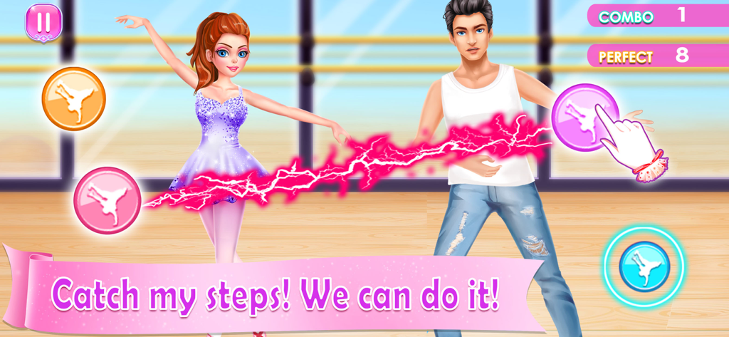 A ballerina and a hip hop dancer performing a routine in a rhythm game interface
