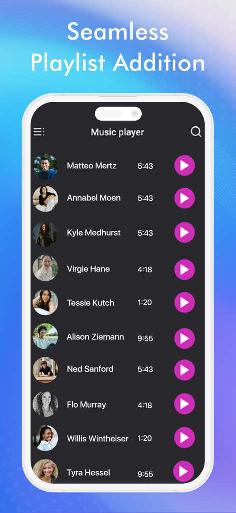 Ringtone Maker & Audio Editor - A music player interface within the ringtone maker app showing a list of songs with play buttons and durations
