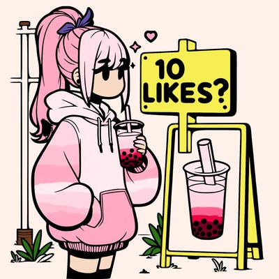 girl with oversized hoodie drinking boba and she has a high ponytail with a sign that says 10likes?