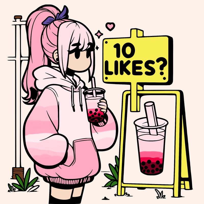 girl with oversized hoodie drinking boba and she has a high ponytail with a sign that says 10likes?