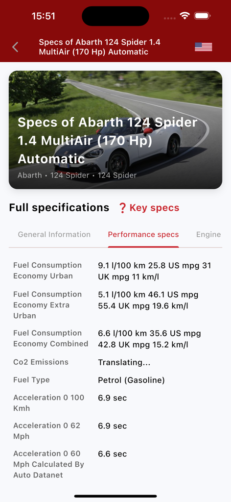 Aplicativo AutoDataNet exibindo especificações de desempenho e consumo de combustível para um Abarth 124 Spider