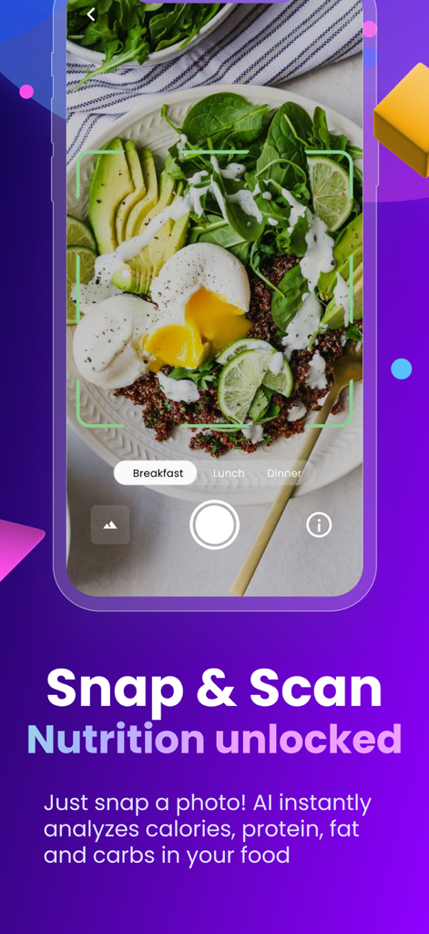 Cal.AI - Calorie Tracker - Cal.AI app interface demonstrating the snap and scan feature for instant nutrition analysis of a healthy meal.
