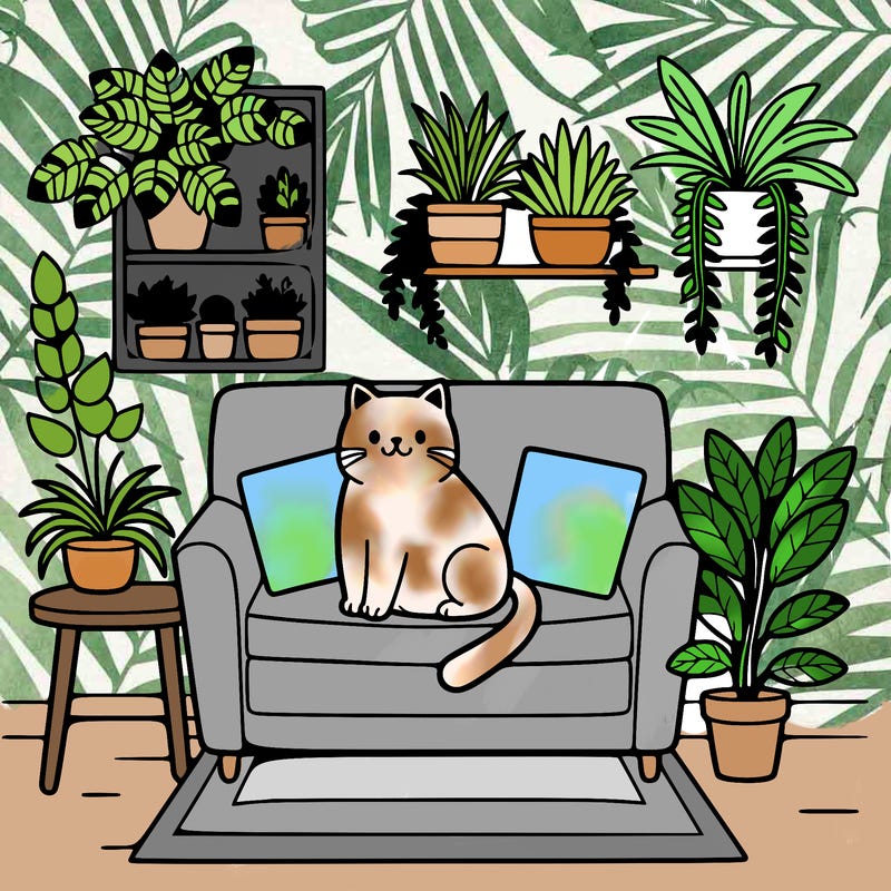 cat on a sofa in a room full of plants