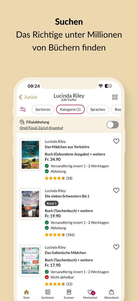Orell Füssli – Mein Buch - A search results page in the Orell Fuessli app displaying German editions of books by Lucinda Riley.
