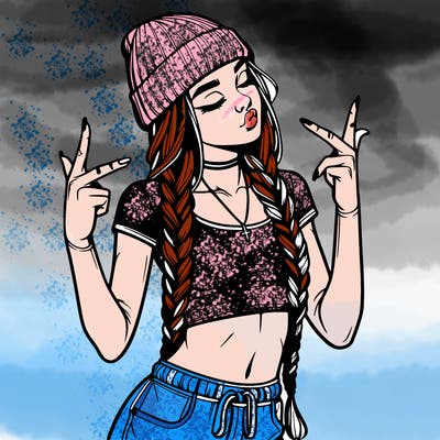 realistic teenage girl with braids and a beanie and crop top doing 🫶🏼