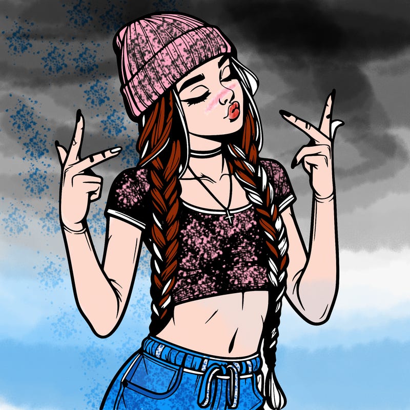 realistic teenage girl with braids and a beanie and crop top doing 🫶🏼