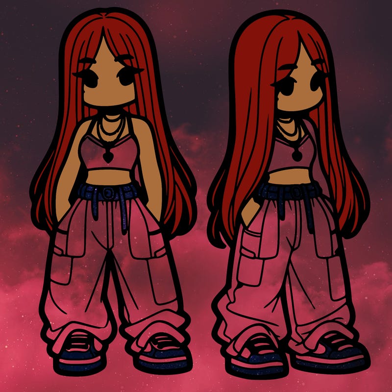 girl in baggy pants crop top and long hair