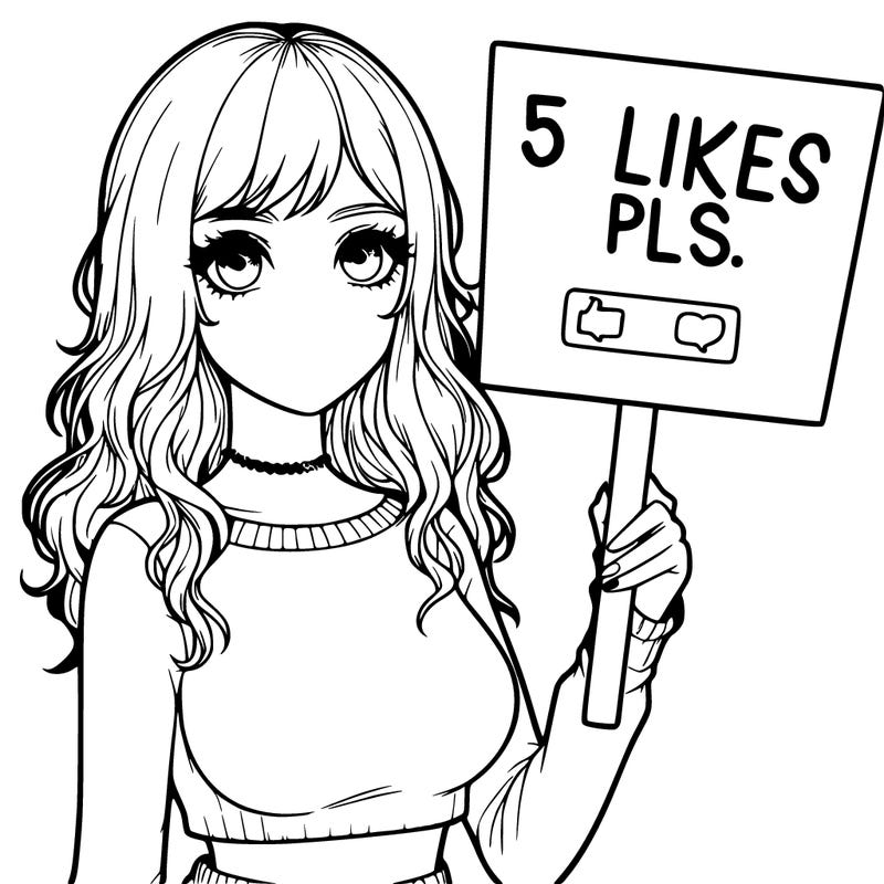 realistic girl by a sign that says 5 likes pls