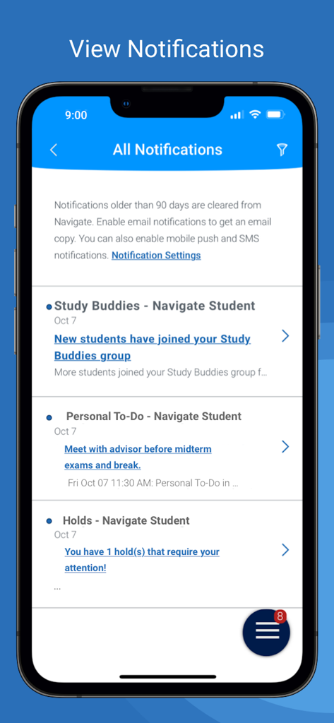 Navigate360 Student - Uma captura de tela da tela de notificações do aplicativo Navigate360 Aluno mostrando atualizações para colegas de estudo, tarefas pessoais e pendências acadêmicas