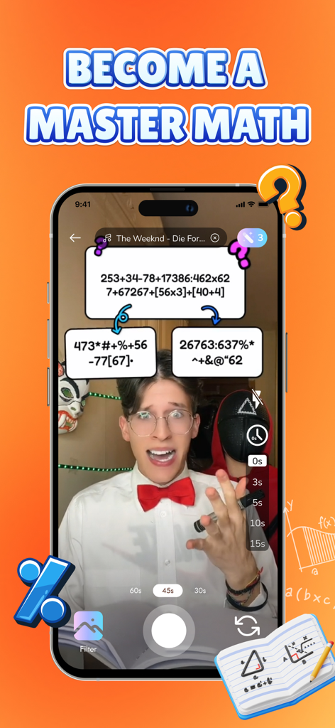 A young man recording a video with a complex math quiz filter overlay