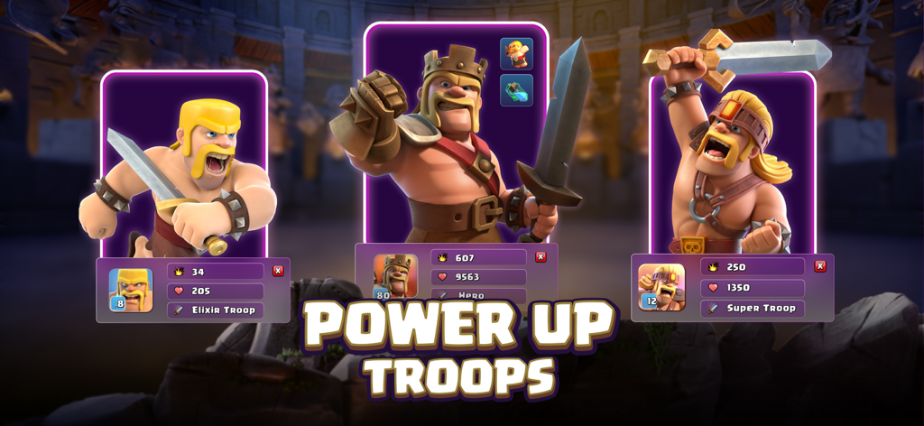 クラッシュ・オブ・クランの画面に、バーバリアン、バーバリアンキング、スーパーバーバリアンのパワーアップステータスが表示されています。