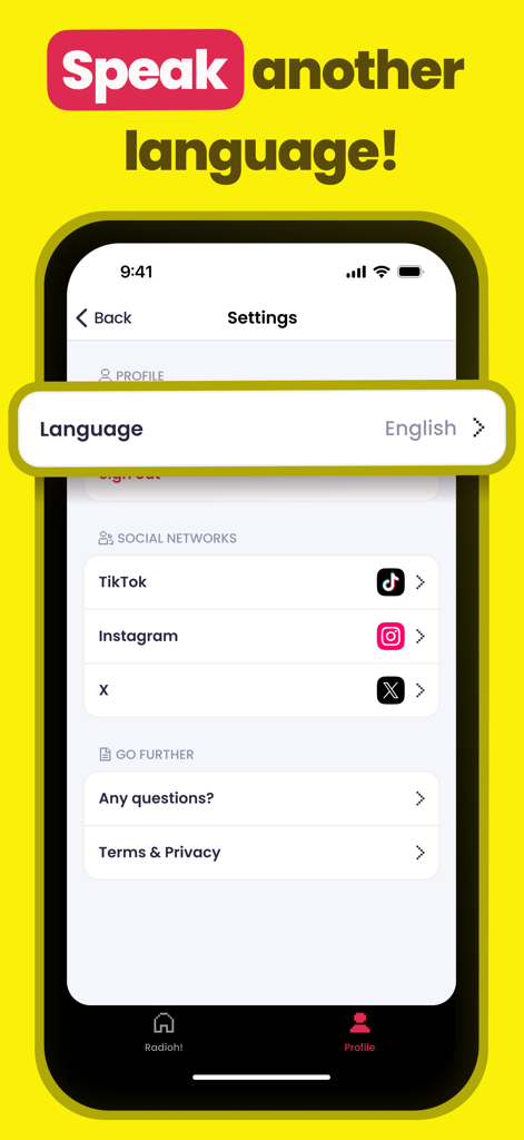 Radioh! - Walkie Talkie Radio - Radioh walkie talkie app settings menu with language selection and social media links