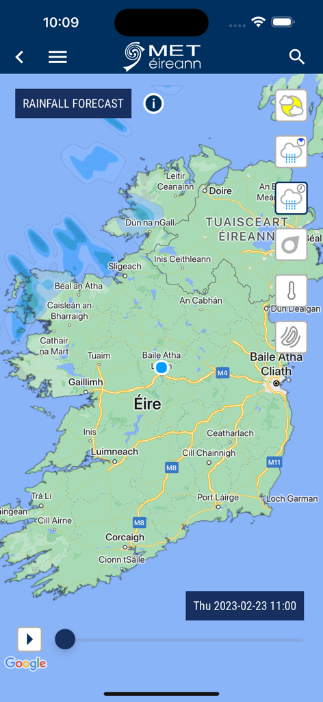 Application Met Éireann affichant une carte interactive des prévisions de précipitations en Irlande avec des icônes météo locales