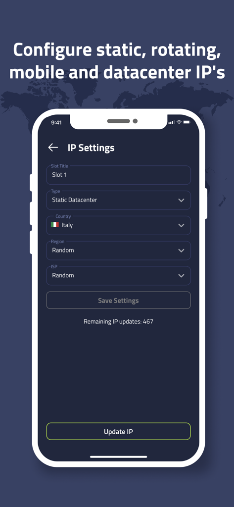 iPhone screen displaying IP settings for Residential VPN showing options for static datacenter type and country selection