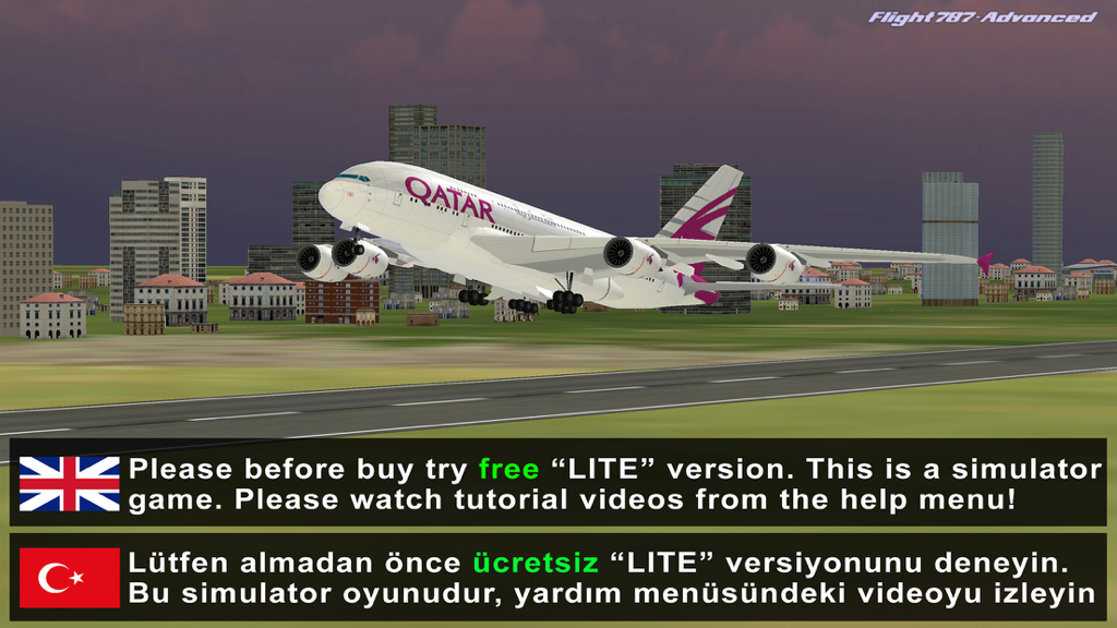 Flight 787 - Advanced - A Qatar Airways Airbus A380 taking off from a runway with a city skyline in the Flight 787 Advanced flight simulator