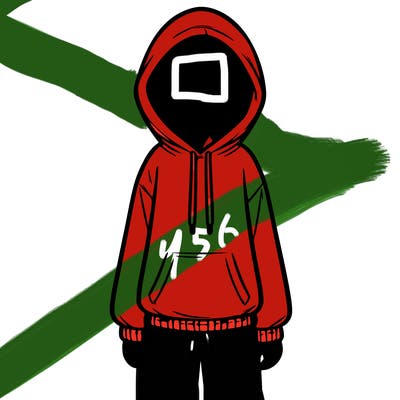 faceless girl in a tracksuit with a hood on and no hair