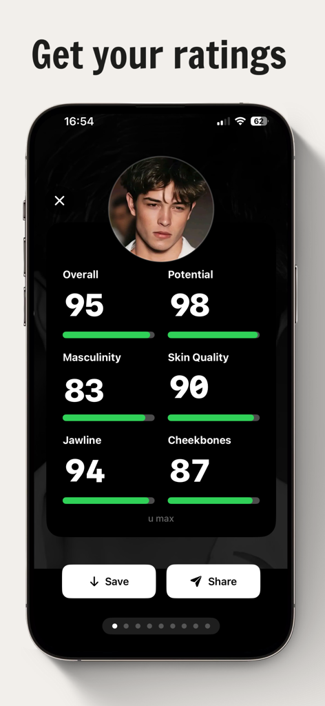 U Max: AI Looksmax Face Rating - 턱선 남성성, 피부 품질과 같은 얼굴 평가 범주에 대한 수치 점수를 보여주는 U Max 앱 인터페이스