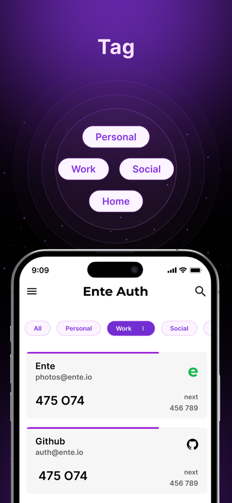 Ente Auth - 2FA Authenticator - Ente Auth mobile app interface showing 2FA codes organized with tags like Personal and Work