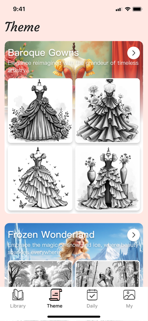 Tela do aplicativo móvel mostrando vários temas de colorir, incluindo as categorias Vestidos Barrocos e País das Maravilhas Congelado