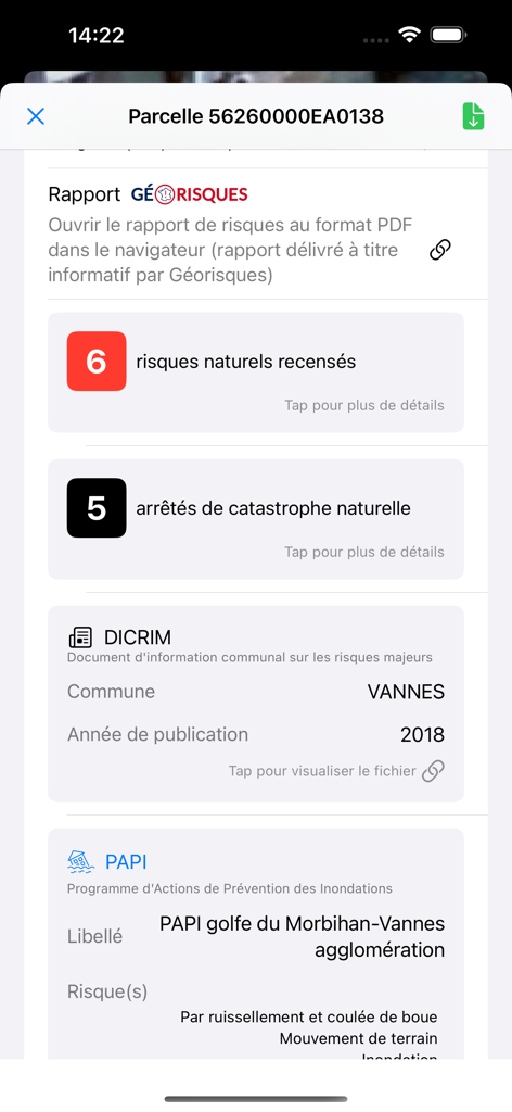 Coo - Interface da aplicação Coo mostrando um relatório detalhado de georiscos para uma propriedade imobiliária, incluindo perigos ambientais e histórico de desastres naturais