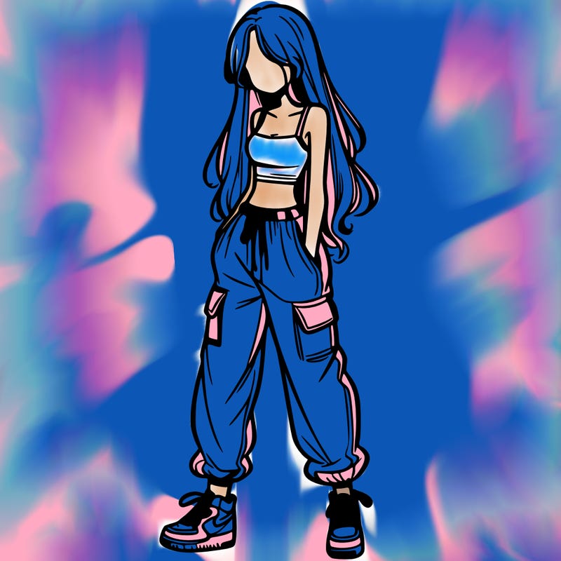 girl in baggy pants crop top and long hair