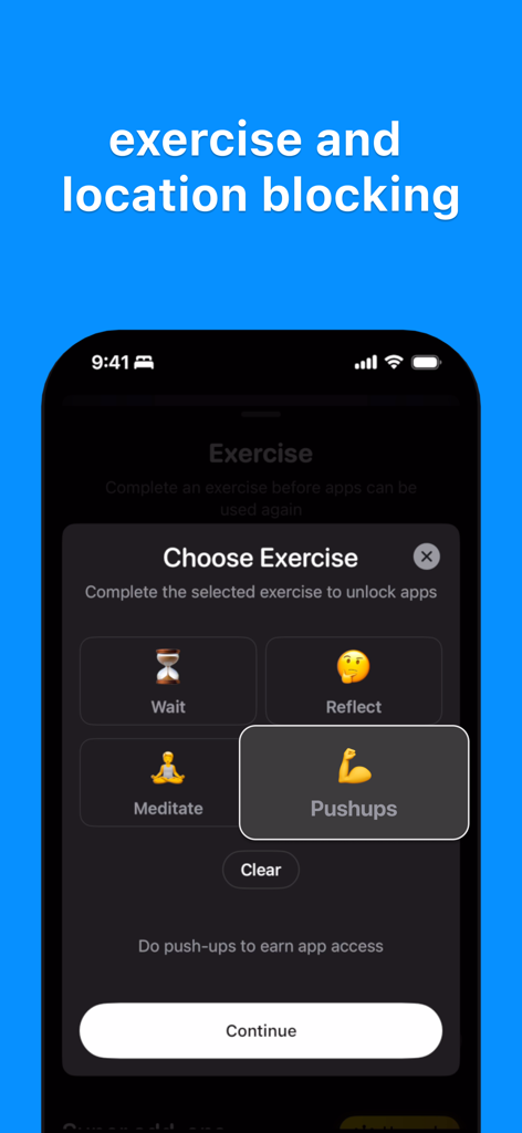Timmy: App Blocker - Interface of Timmy app showing options to unlock apps by completing challenges like pushups or meditation.