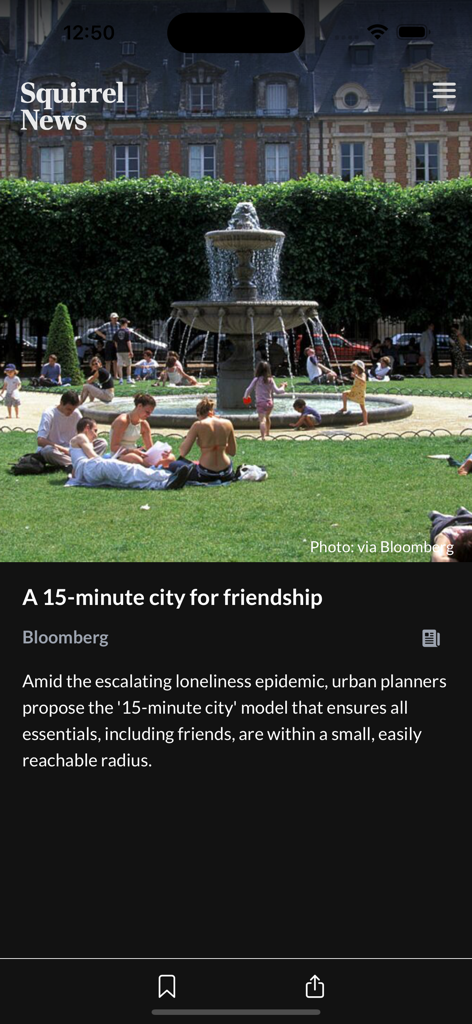 Squirrel News - Squirrel News app showing a constructive news article titled A 15-minute city for friendship with a photo of people relaxing in a park