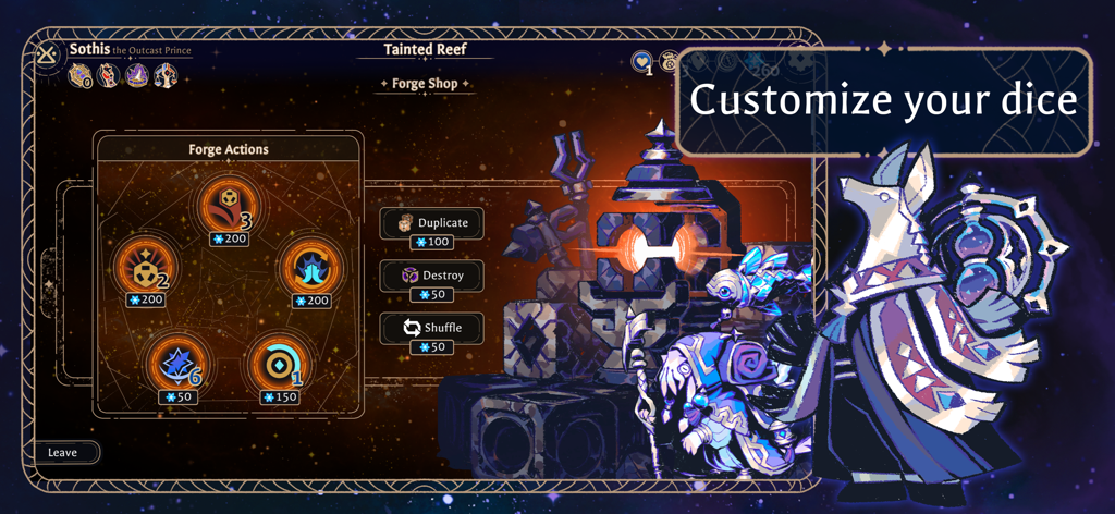 Astrea: Six-Sided Oracles - Astrea Six-Sided Oraclesのダイスカスタマイズ、鍛造ショップを表示するゲームプレイ画面