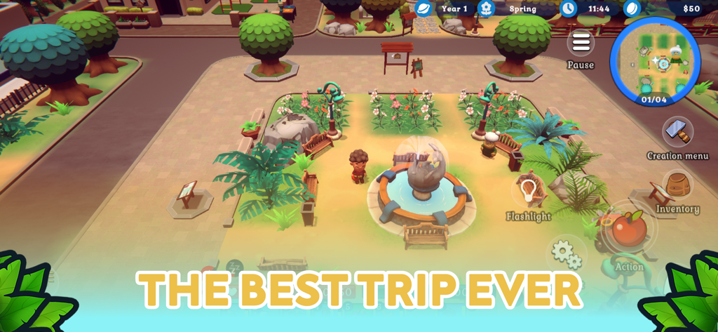 Spirit of the Island - Vista de arriba hacia abajo de un personaje en una plaza tropical con una fuente central y parterres.