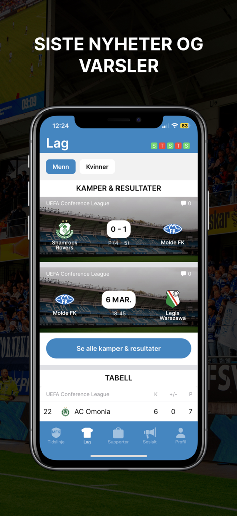 Molde FK - Écran de l'application Molde FK affichant les scores des matchs, les prochains matchs et le classement de la ligue.
