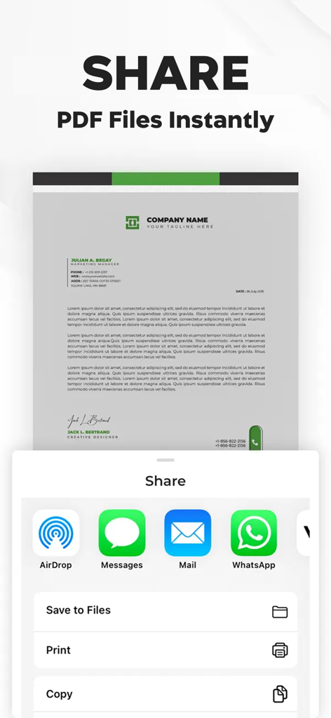 Photo to PDF Converter Doc - Interfaz mostrando opciones para compartir PDF, incluyendo AirDrop, Mensajes, Correo y WhatsApp para documentos digitalizados.