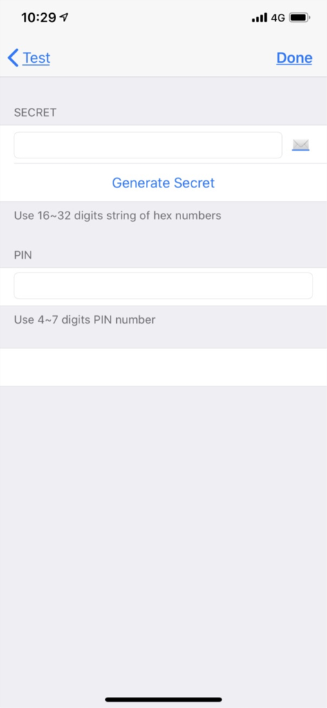 Smart-VPN security configuration screen for secret and PIN settings