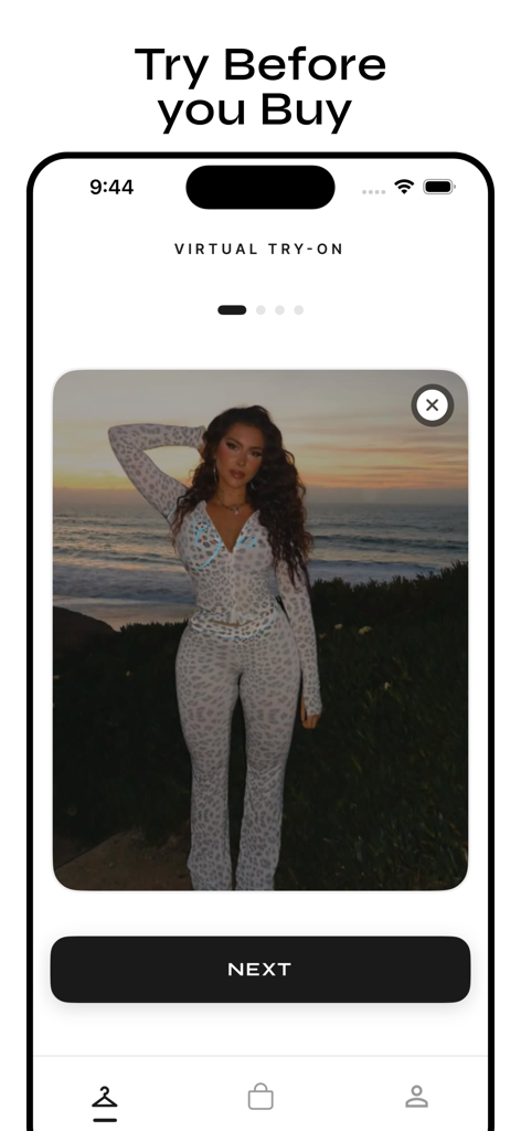 dressr - Virtual Fitting Room - Screenshot of the dressr app virtual try-on feature showing a woman in a leopard print outfit