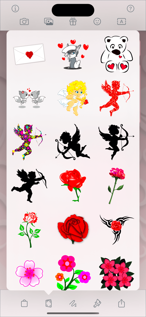 I Love You • Greeting cards - A library of romantic stickers including cupids roses and hearts for personalizing digital greeting cards