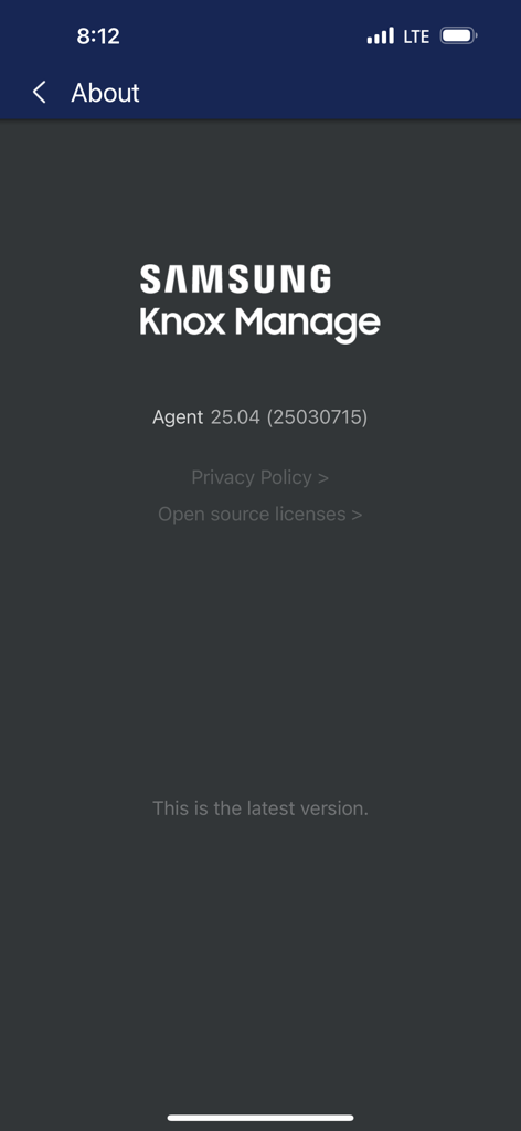 About screen of Samsung Knox Manage app showing version information and legal links